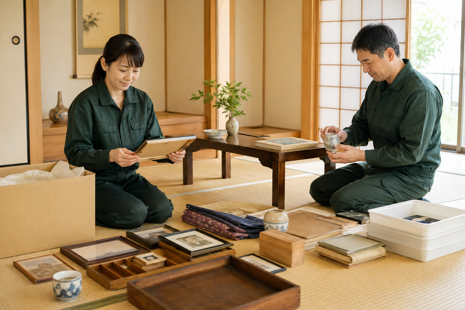 遺品を丁寧に仕分けるスタッフ