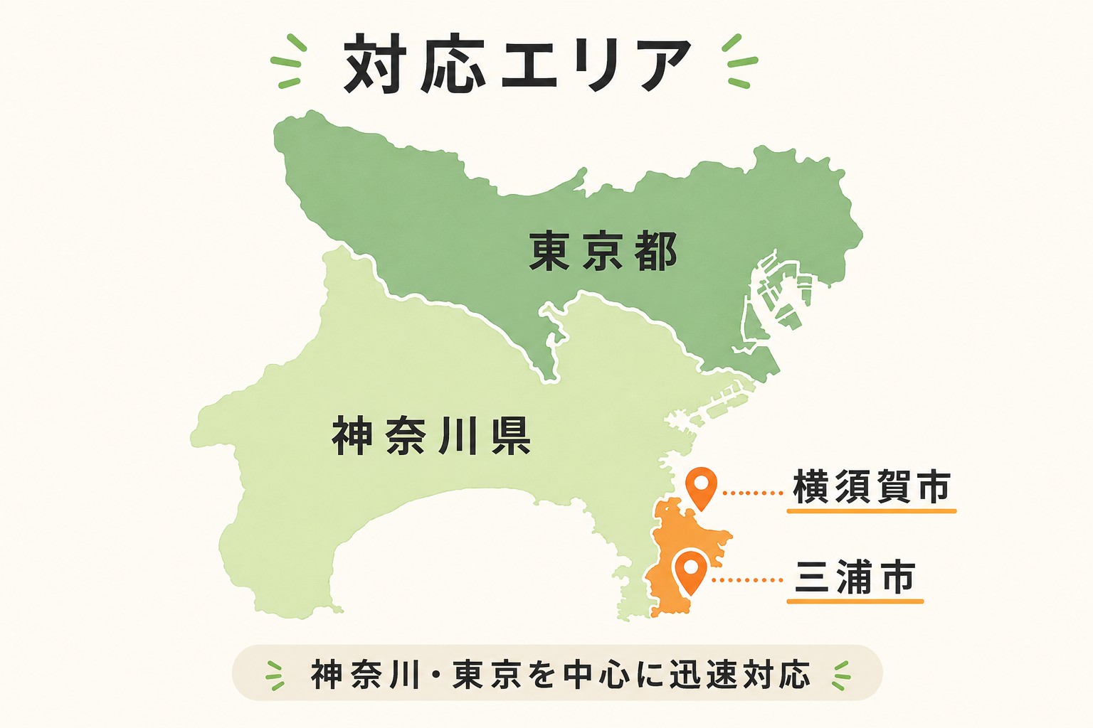 東京都・神奈川県の対応エリア。横須賀市と三浦市を強調した地図